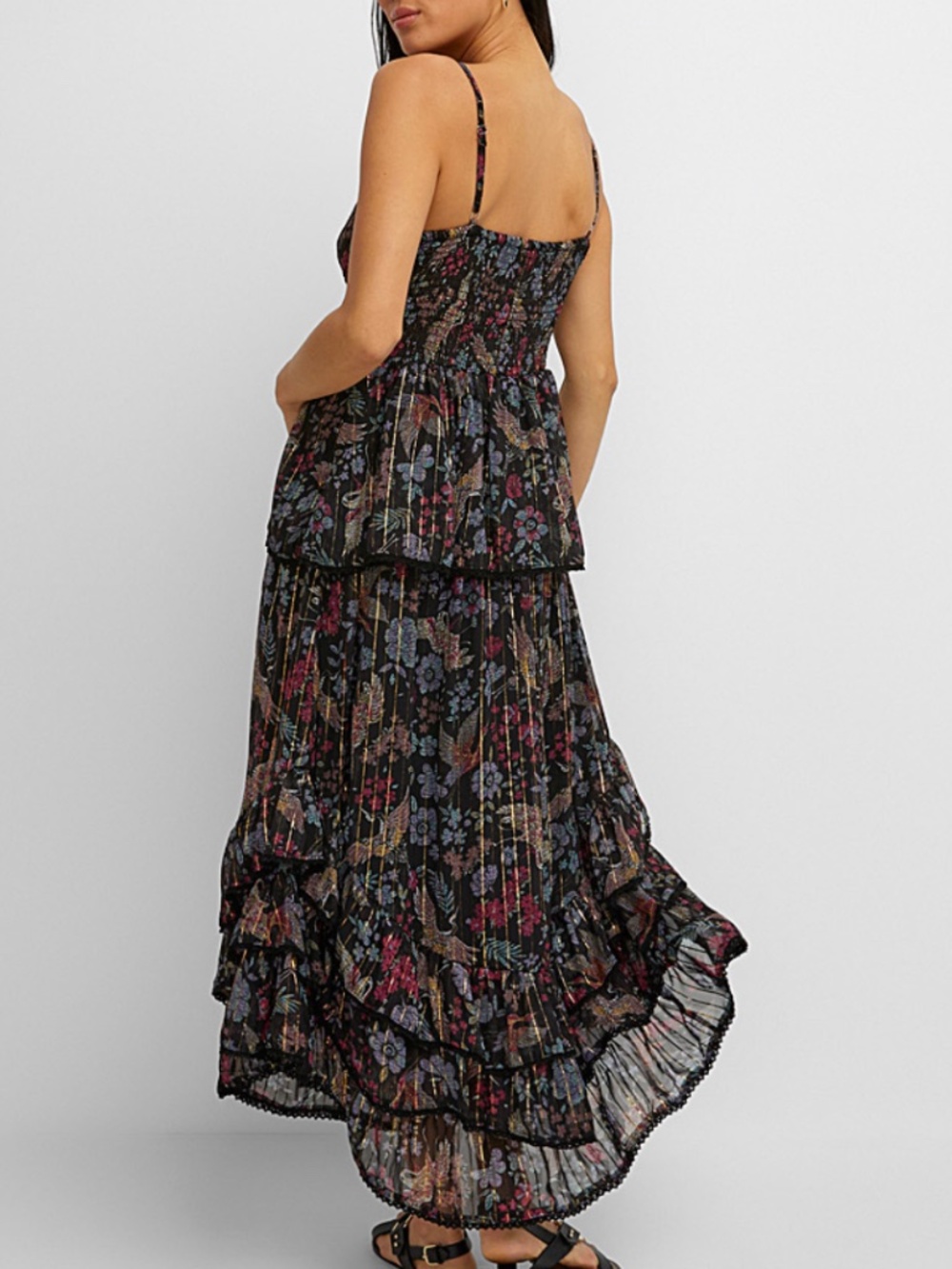 Angie boho golden stripes tiered floral long dress NWT